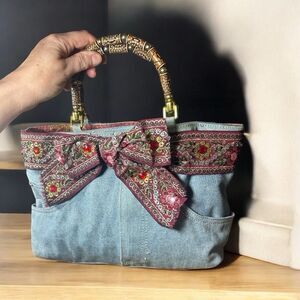 BRACIANO Purse Handbag Satchel Pocketbook Boho Denim Ribbon Bow Rhinestones Belt